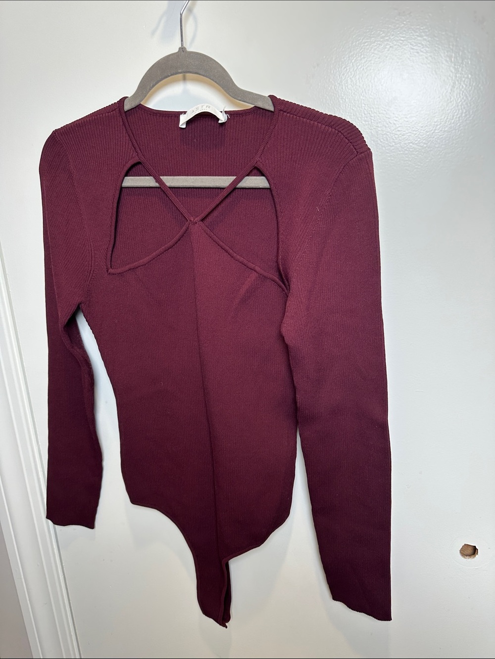 Astr Wine Cross-Front Ribbed Long Sleeve body suit (08)